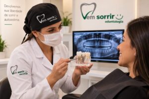 Dentista explicando tratamento com implante dentário em Anchieta